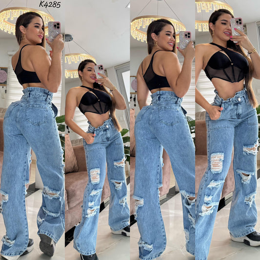 JEANS MOM FLAT TELA RIGIDA K4285♥️ENVIO GRATIS ♥️