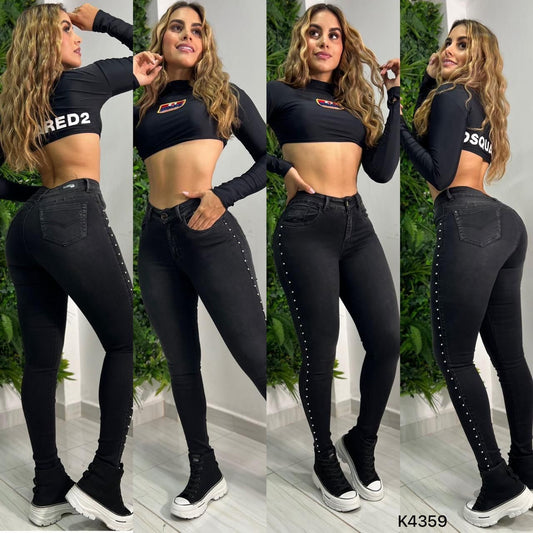 JEANS SKINNY GRIS K4359 CON PEDRERIA ♥️ENVIO GRATIS ♥️