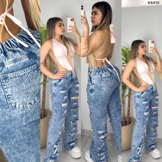 PANTALÓN MOM FLAT PEDRERIA BOLSILLOS K4410 ♥️ENVIO GRATIS ♥️