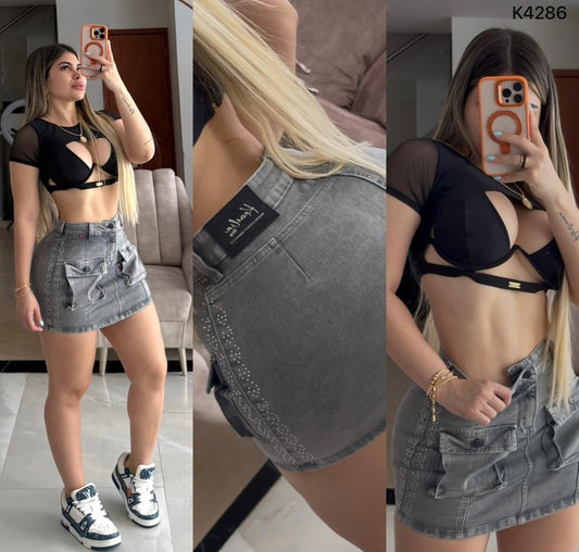 FALDA CARGO CON PEDRERIA TELA STRECH K4286 ♥️ENVIO GRATIS♥️