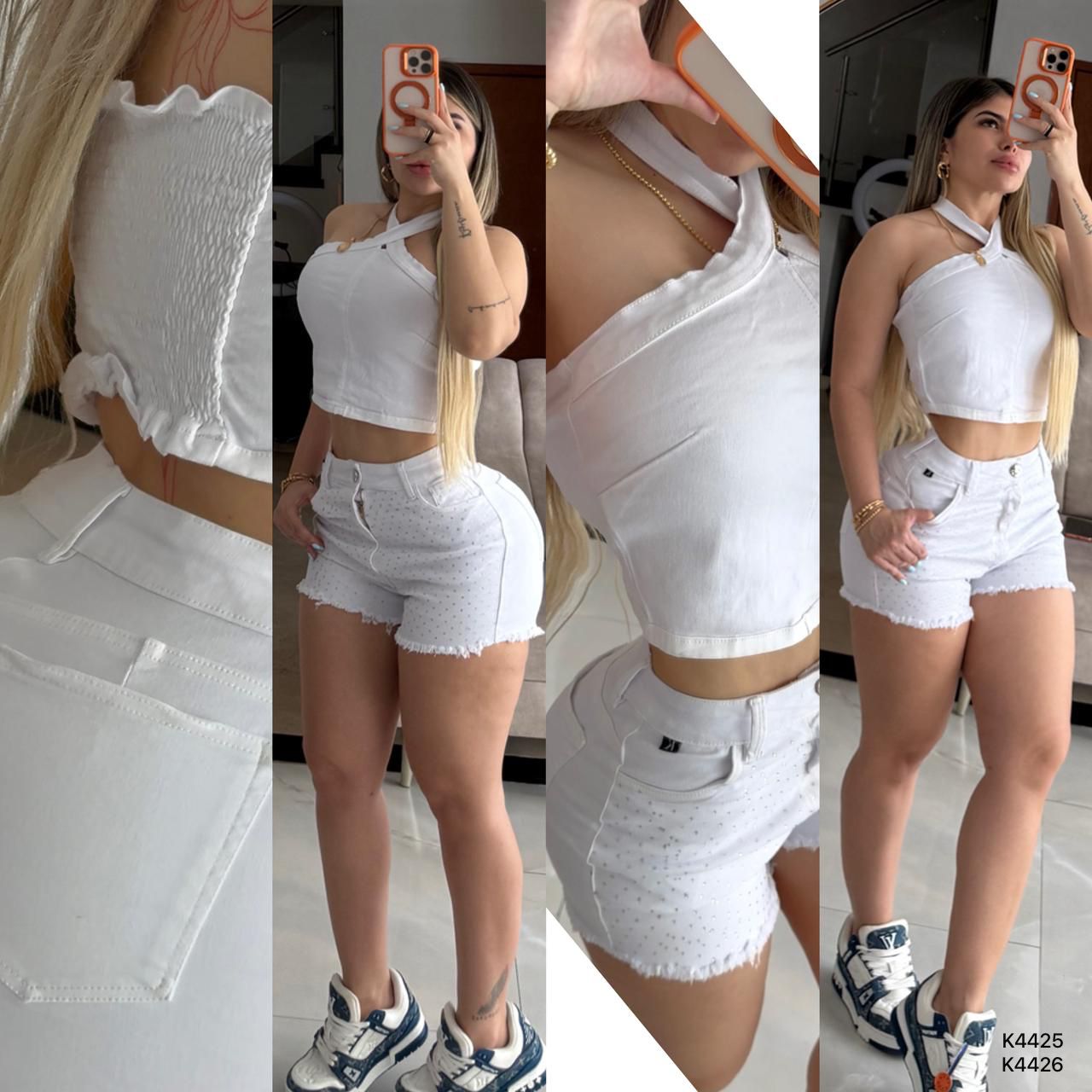 SET BLANCO CON PEDRERIA TELA STRECH K4425-K4426♥️ENVIO GRATIS♥️