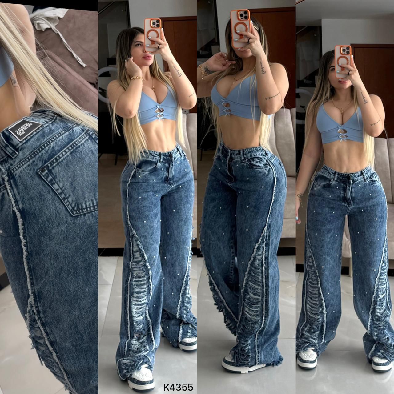 PANTALÓN MOM FLAT CON PERLAS TELA RIGIDA K4355 ♥️ENVIO GRATIS ♥️