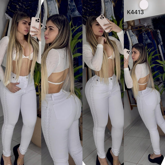 JEANS SKINNY TELA STRECH CON PEDRERIA LATERAL K4413 ♥️ENVIO GRATIS ♥️