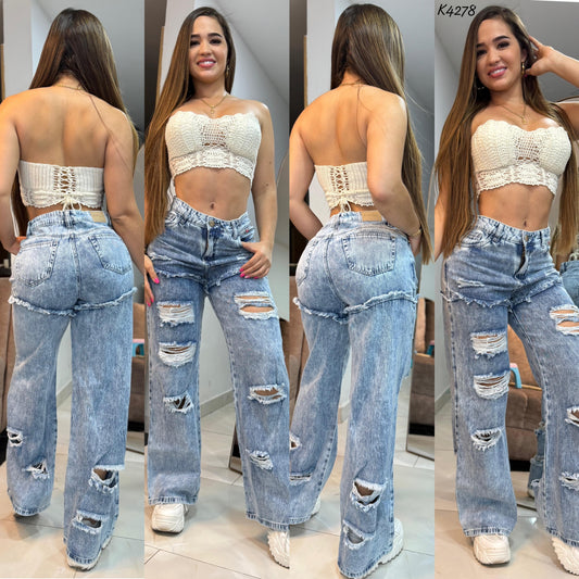 JEANS MOM FLAT TELA RIGIDA K4278 ♥️ENVIO GRATIS ♥️