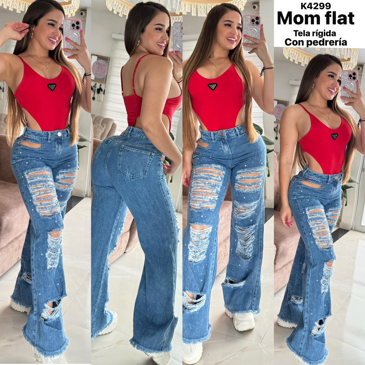 JEANS MOM FLAT TELA RIGIDA K4299 ♥️ENVIO GRATIS ♥️