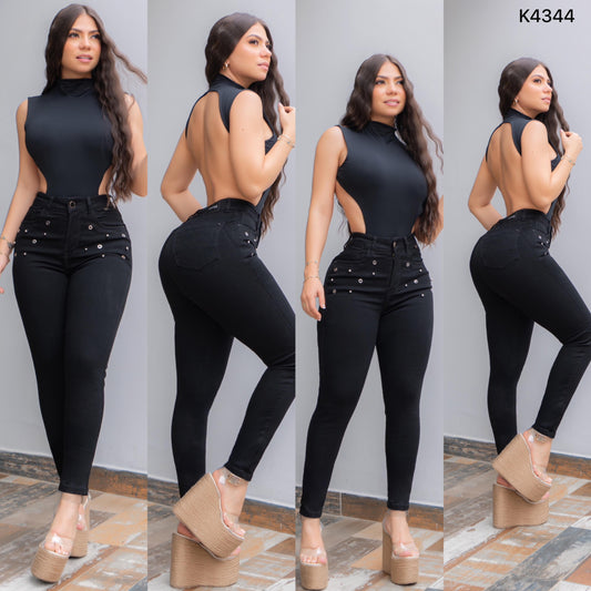 JEANS SKINNY NEGRO K4344 CON PEDRERIA ♥️ENVIO GRATIS ♥️