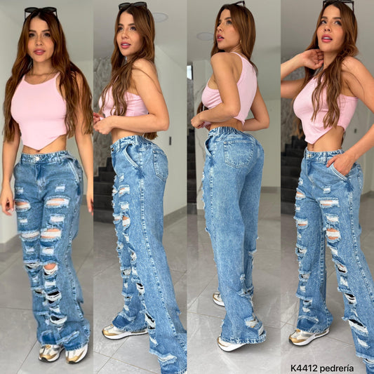 PANTALÓN MOM FLAT PEDRERIA K4412♥️ENVIO GRATIS ♥️