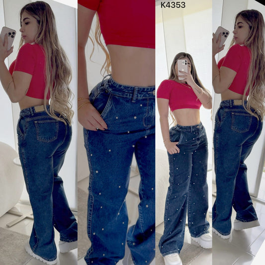 PANTALÓN MOM FLAT PERLAS K4353 ♥️ENVIO GRATIS ♥️