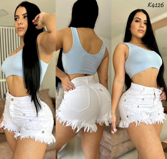 SHORT TIRO ALTO COLOR BLANCO CON PEDRERÍA  K4126♥️ENVIO GRATIS ♥️