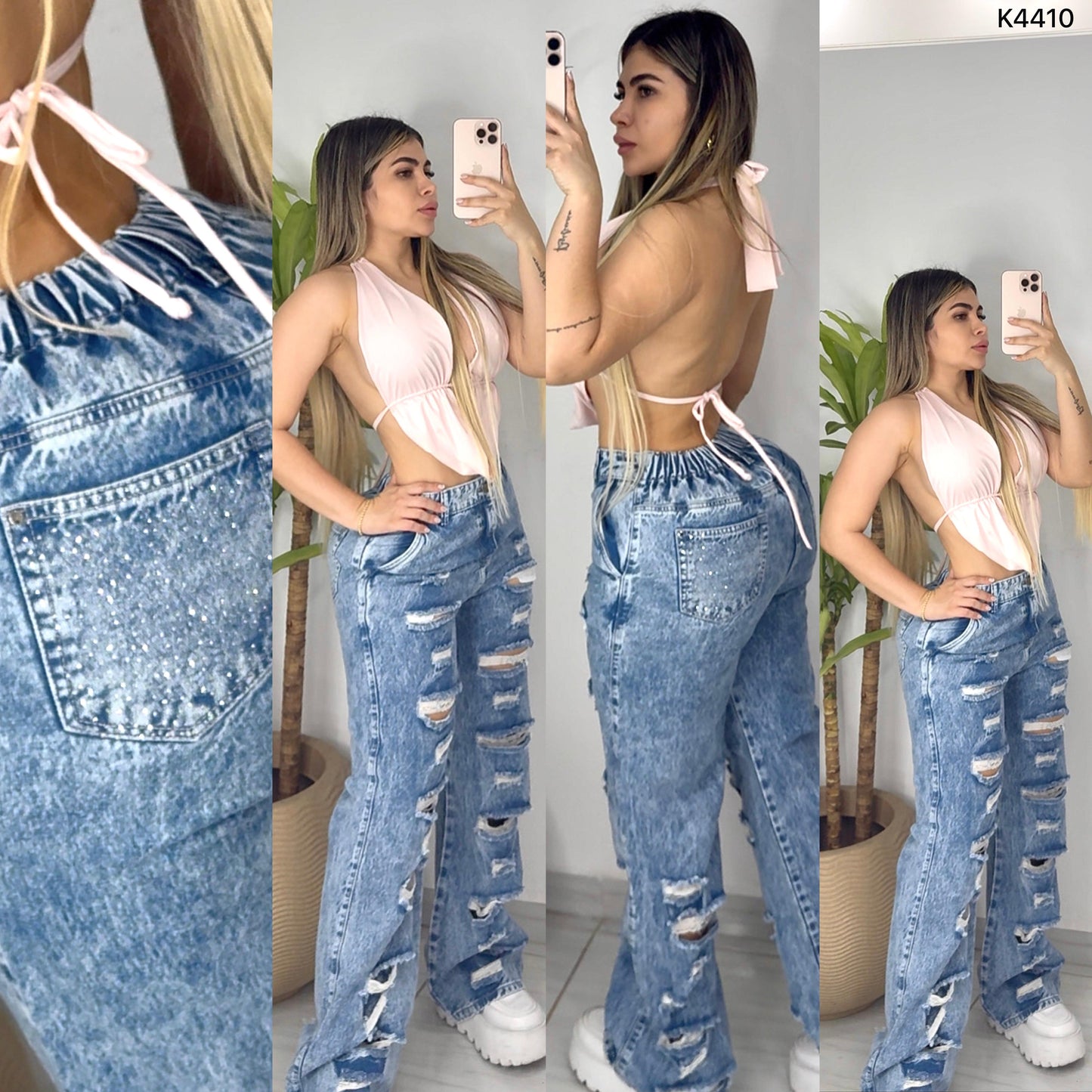 PANTALÓN MOM FLAT PEDRERIA BOLSILLOS K4410 ♥️ENVIO GRATIS ♥️