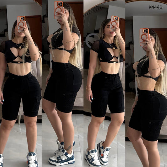 BIKER NEGRO TELA STRECH CON BRILLOS K4446 ♥️ENVIO GRATIS♥️