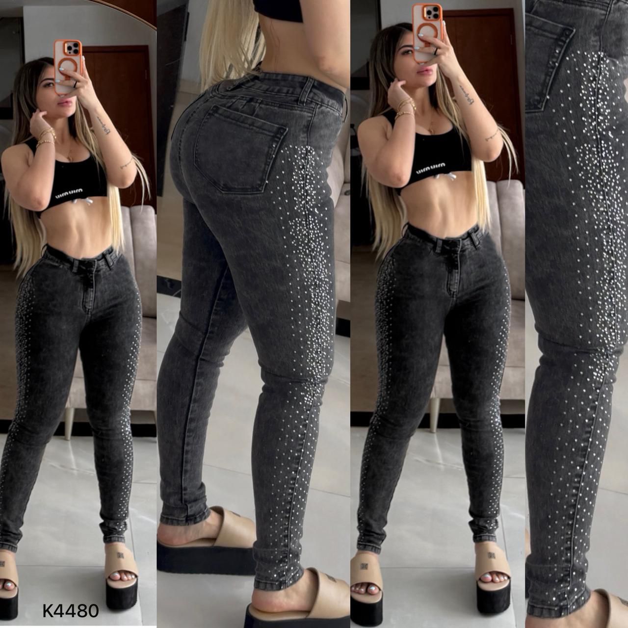 JEANS SKINNY GRIS CON PEDRERIA  LATERALES REF K4480 ♥️ENVIO GRATIS♥️