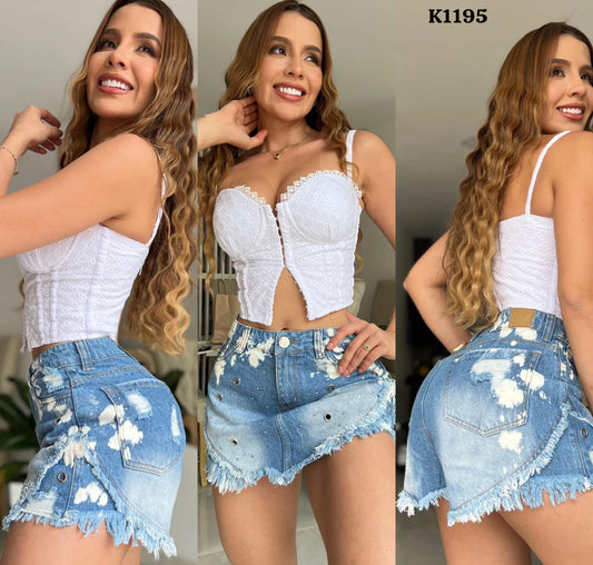 FALDA SHORT CON PEDRERÍA RÍGIDA K1195🌸 ♥️ENVIO GRATIS ♥️